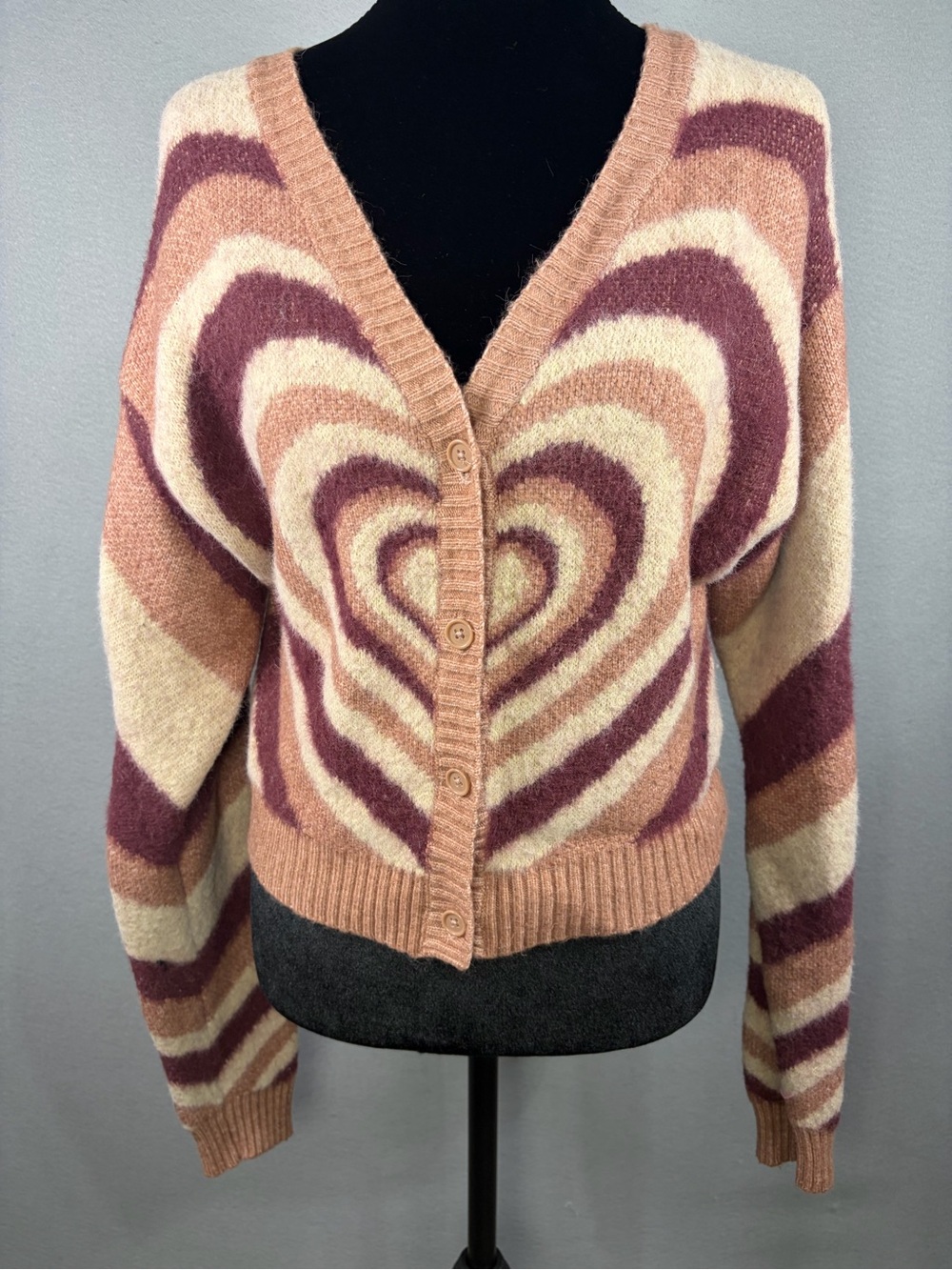 La Hearts Pink Cream Heart-Pattern Button Cardigan